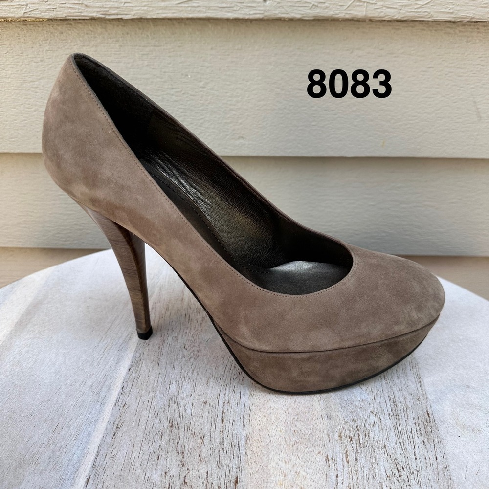 Stuart Weitzman Taupe Suede Platform Pumps Wood Grain Stiletto Heel Spain 8M